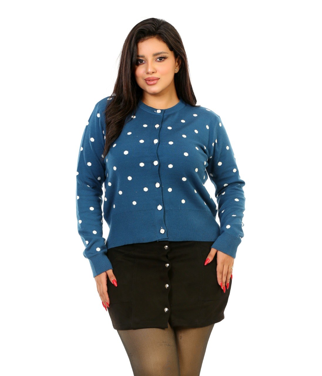 Polka Dot Button Knit Blouse - Blue