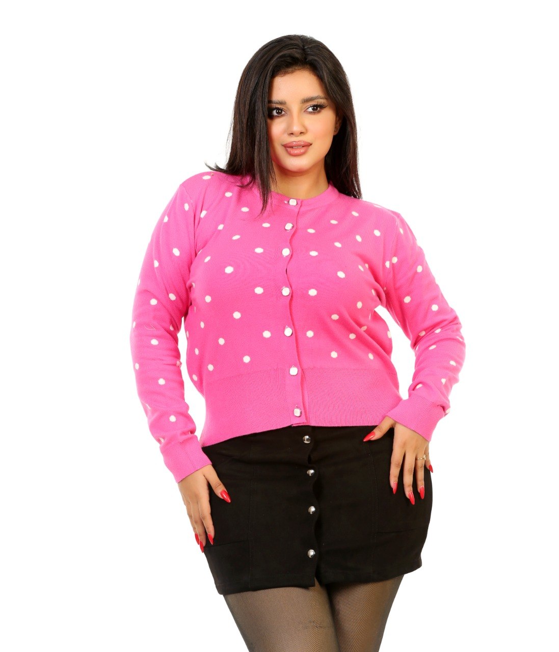 Polka Dot Button Knit Blouse - Pink