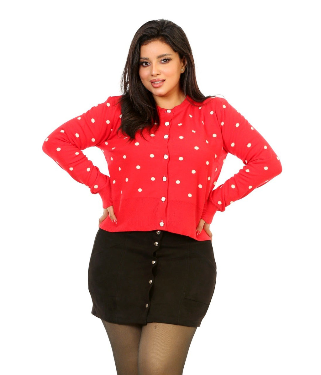Polka Dot Button Knit Blouse - Red
