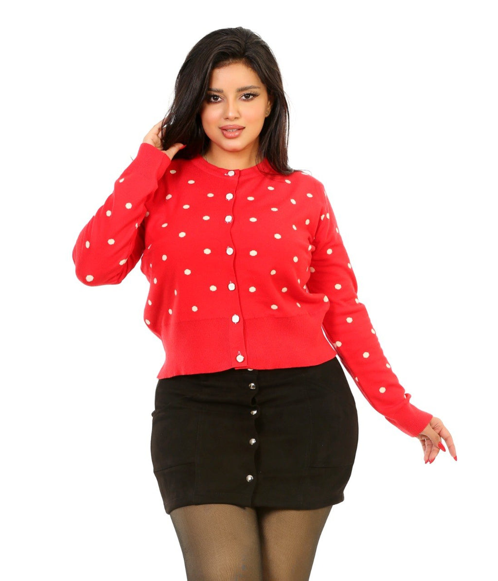 Polka Dot Button Knit Blouse - Red