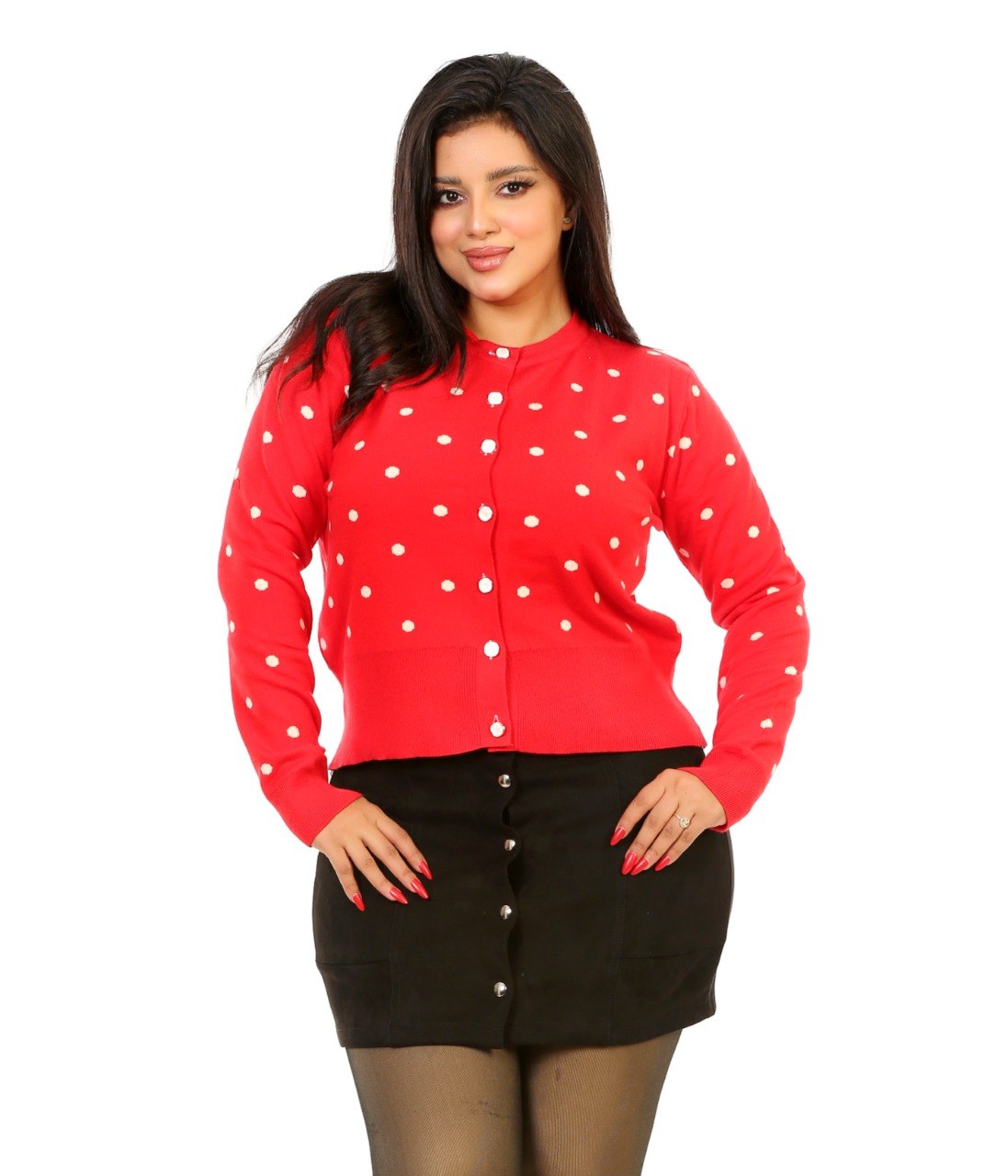 Polka Dot Button Knit Blouse - Red