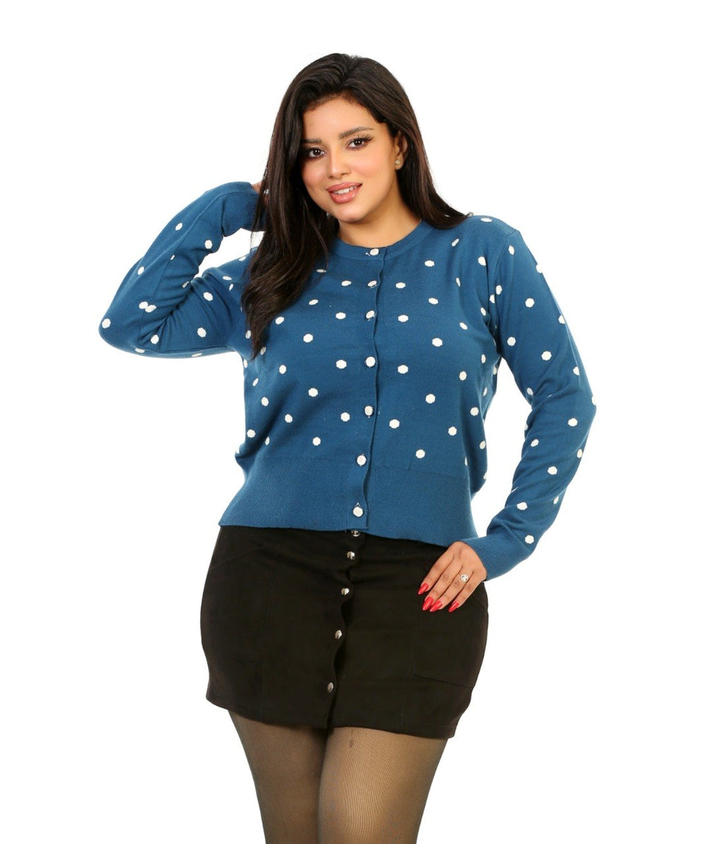 Polka Dot Button Knit Blouse - Blue