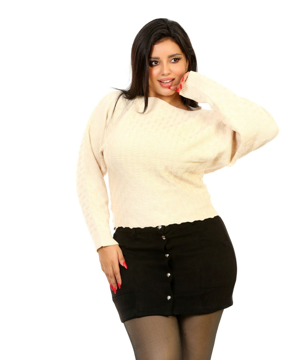 Pointelle Boat Neck Knit Blouse - Beige