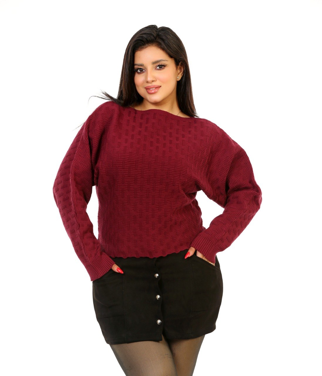 Pointelle Boat Neck Knit Blouse - Burgundy