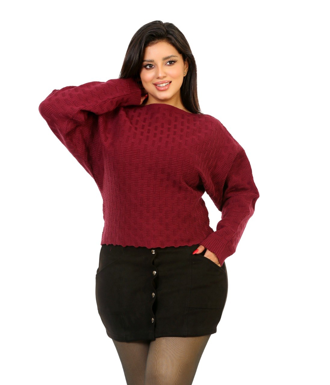 Pointelle Boat Neck Knit Blouse - Burgundy
