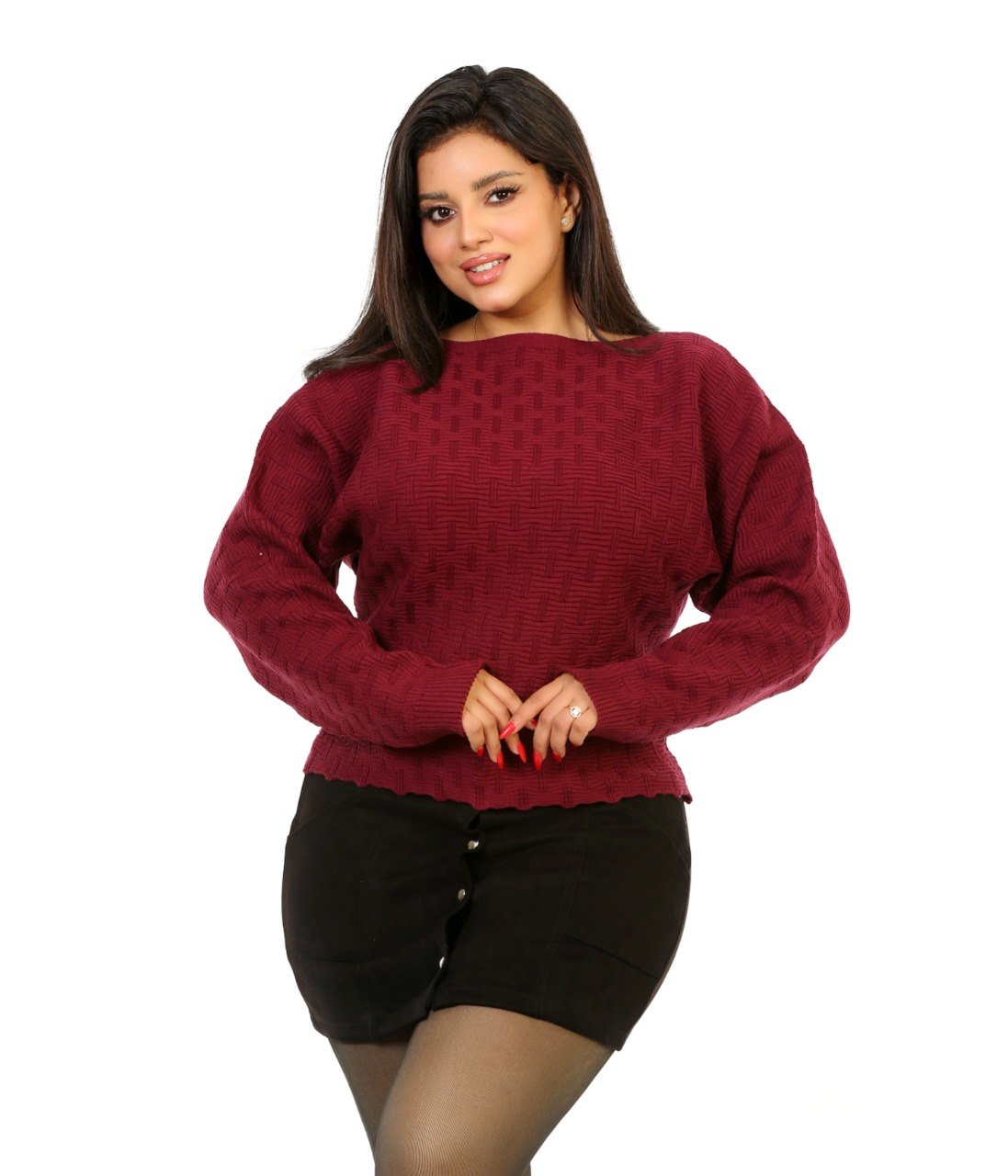 Pointelle Boat Neck Knit Blouse - Burgundy