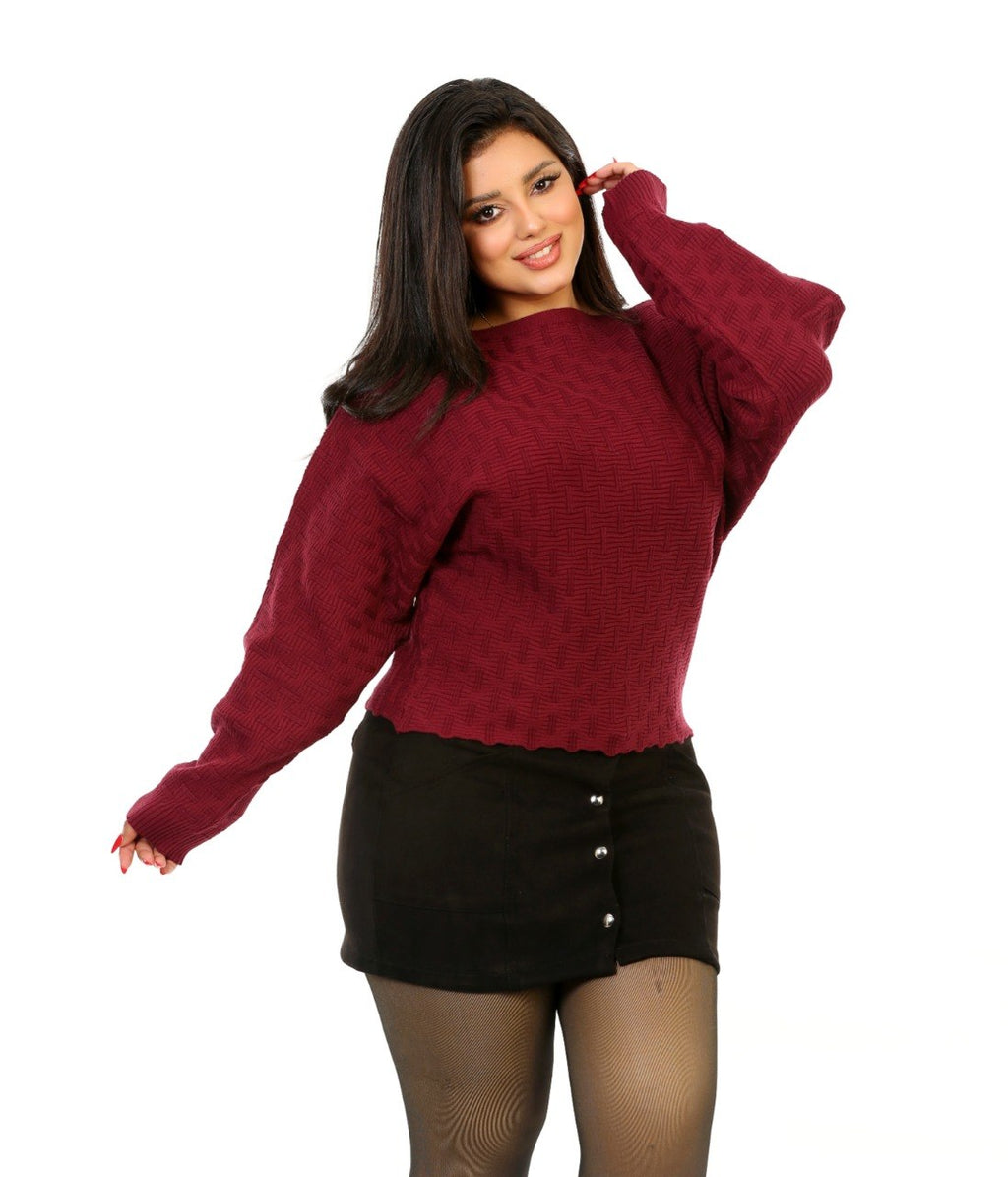 Pointelle Boat Neck Knit Blouse - Burgundy