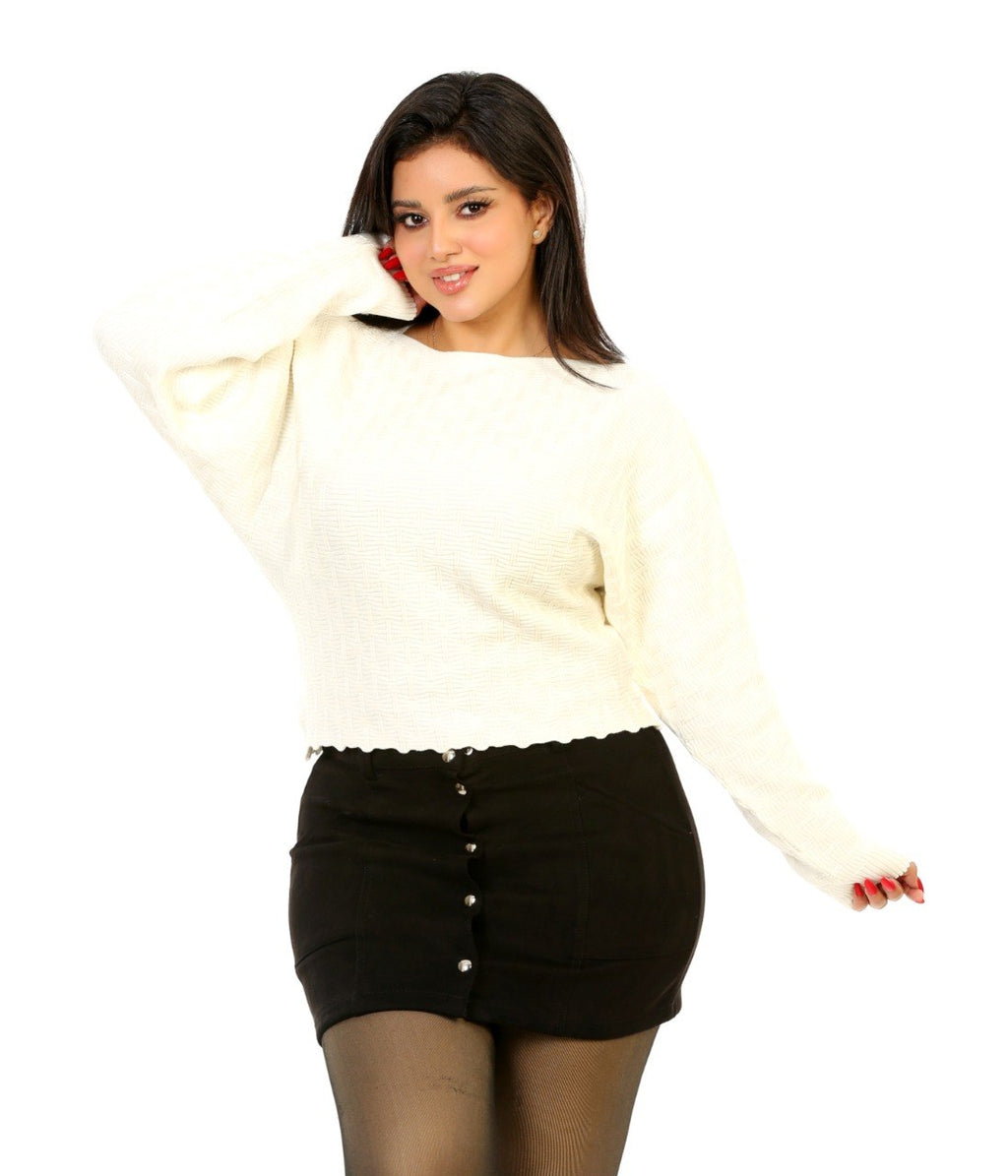 Pointelle Boat Neck Knit Blouse - Off White