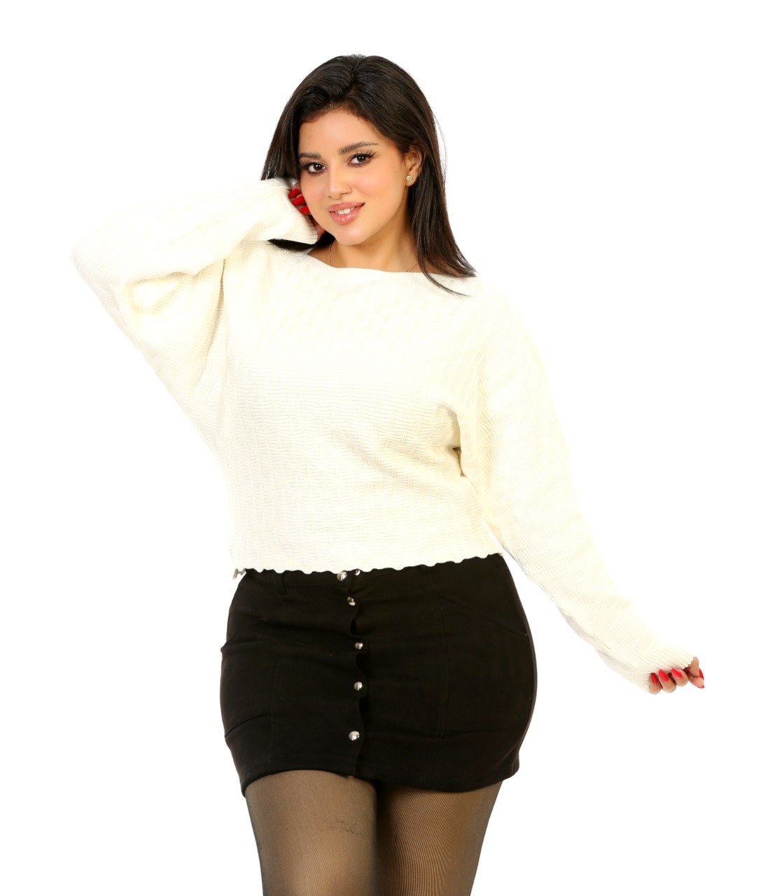 Pointelle Boat Neck Knit Blouse - Off White