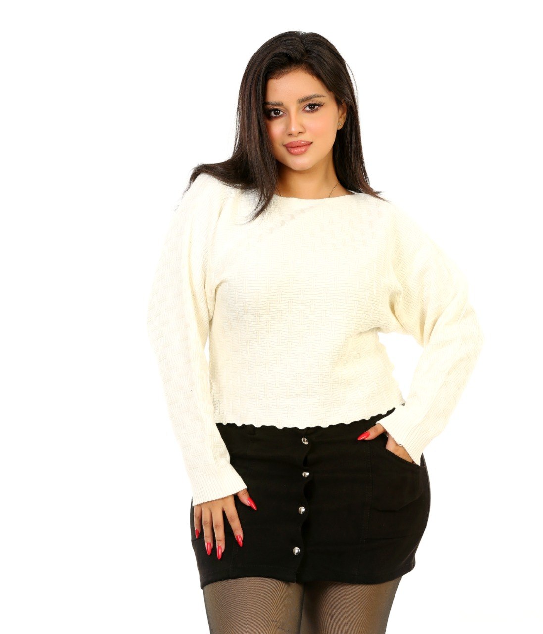Pointelle Boat Neck Knit Blouse - Off White
