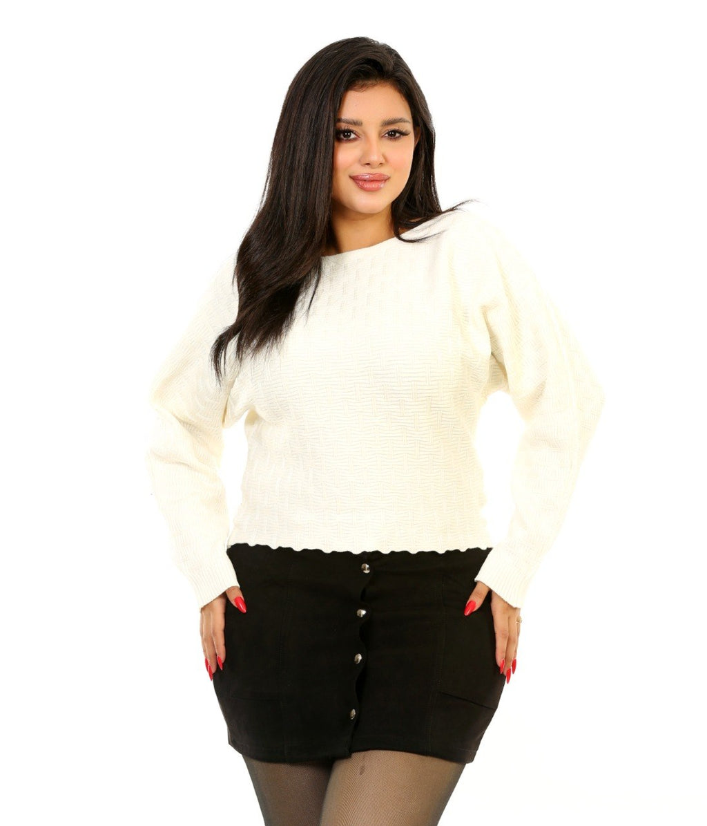 Pointelle Boat Neck Knit Blouse - Off White