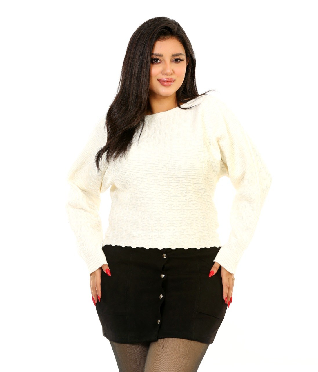 Pointelle Boat Neck Knit Blouse - Off White