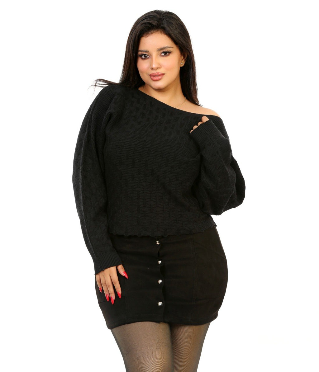 Pointelle Boat Neck Knit Blouse - Black