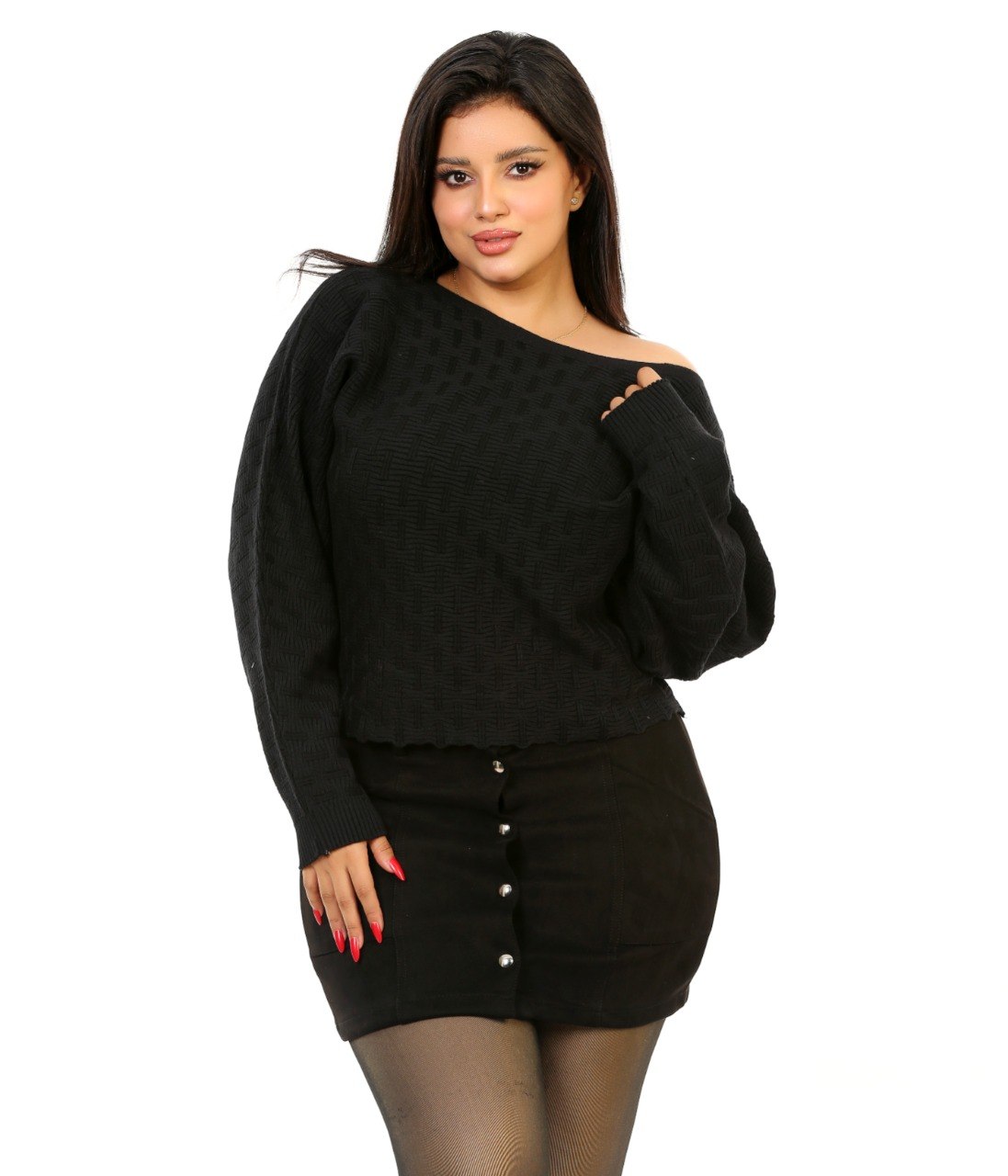 Pointelle Boat Neck Knit Blouse - Black