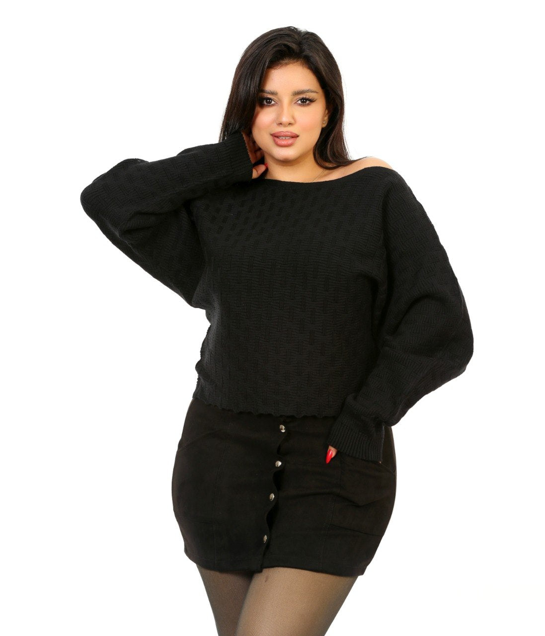 Pointelle Boat Neck Knit Blouse - Black