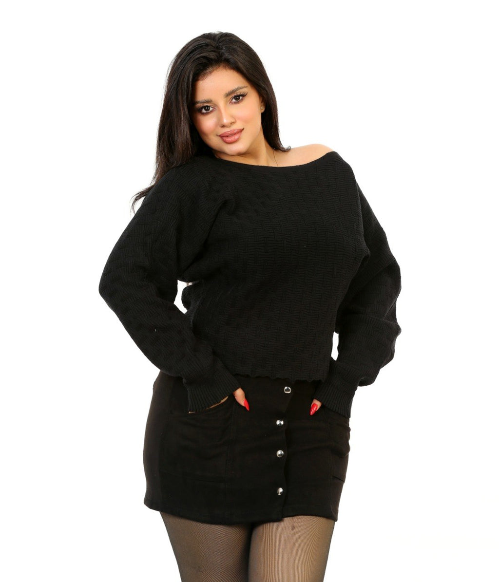Pointelle Boat Neck Knit Blouse - Black