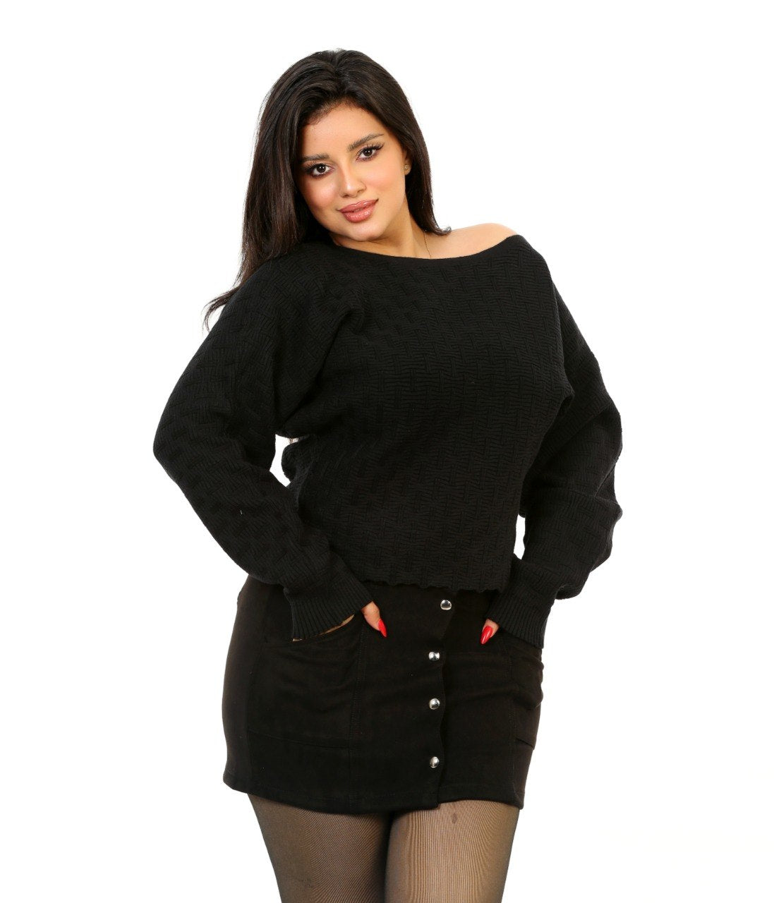 Pointelle Boat Neck Knit Blouse - Black