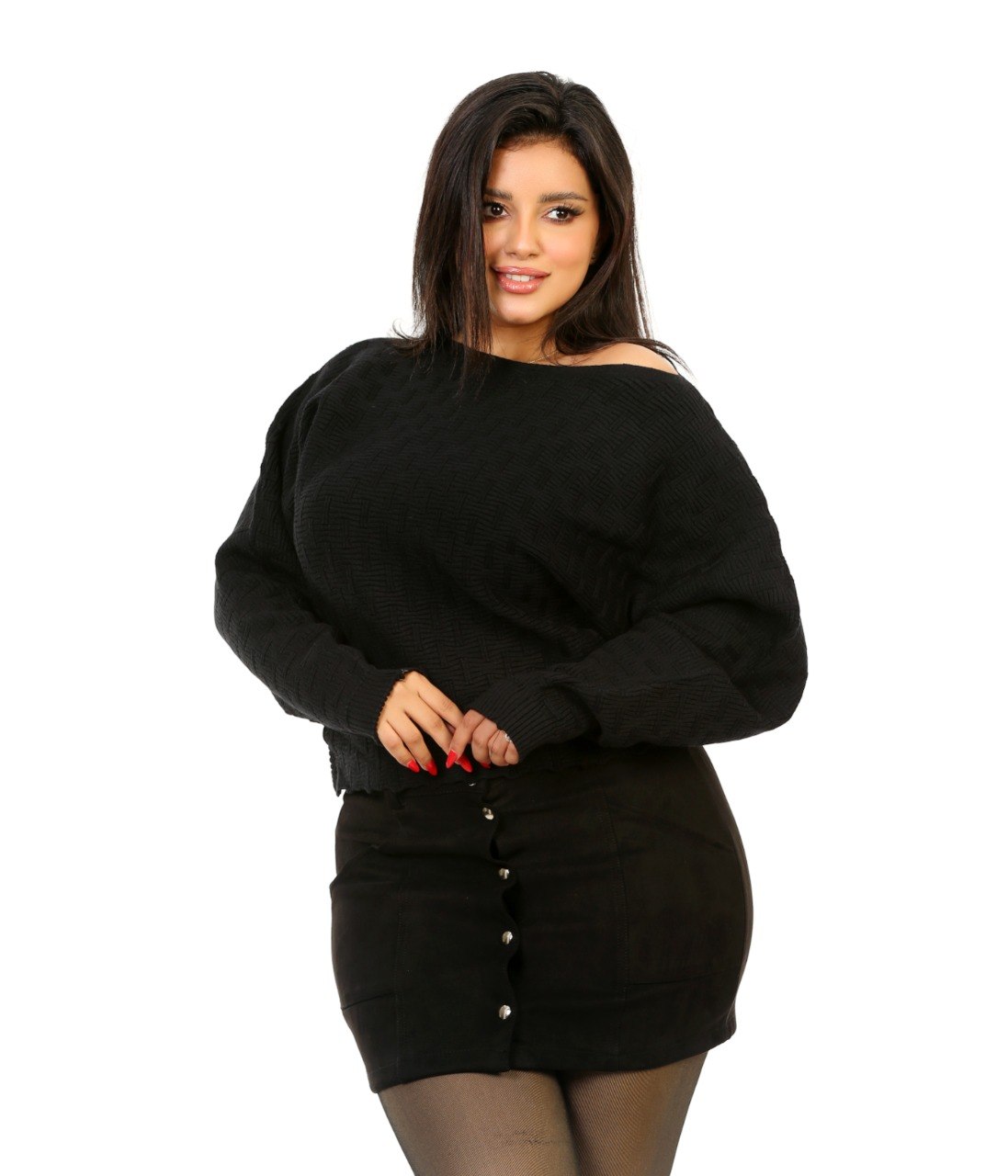 Pointelle Boat Neck Knit Blouse - Black