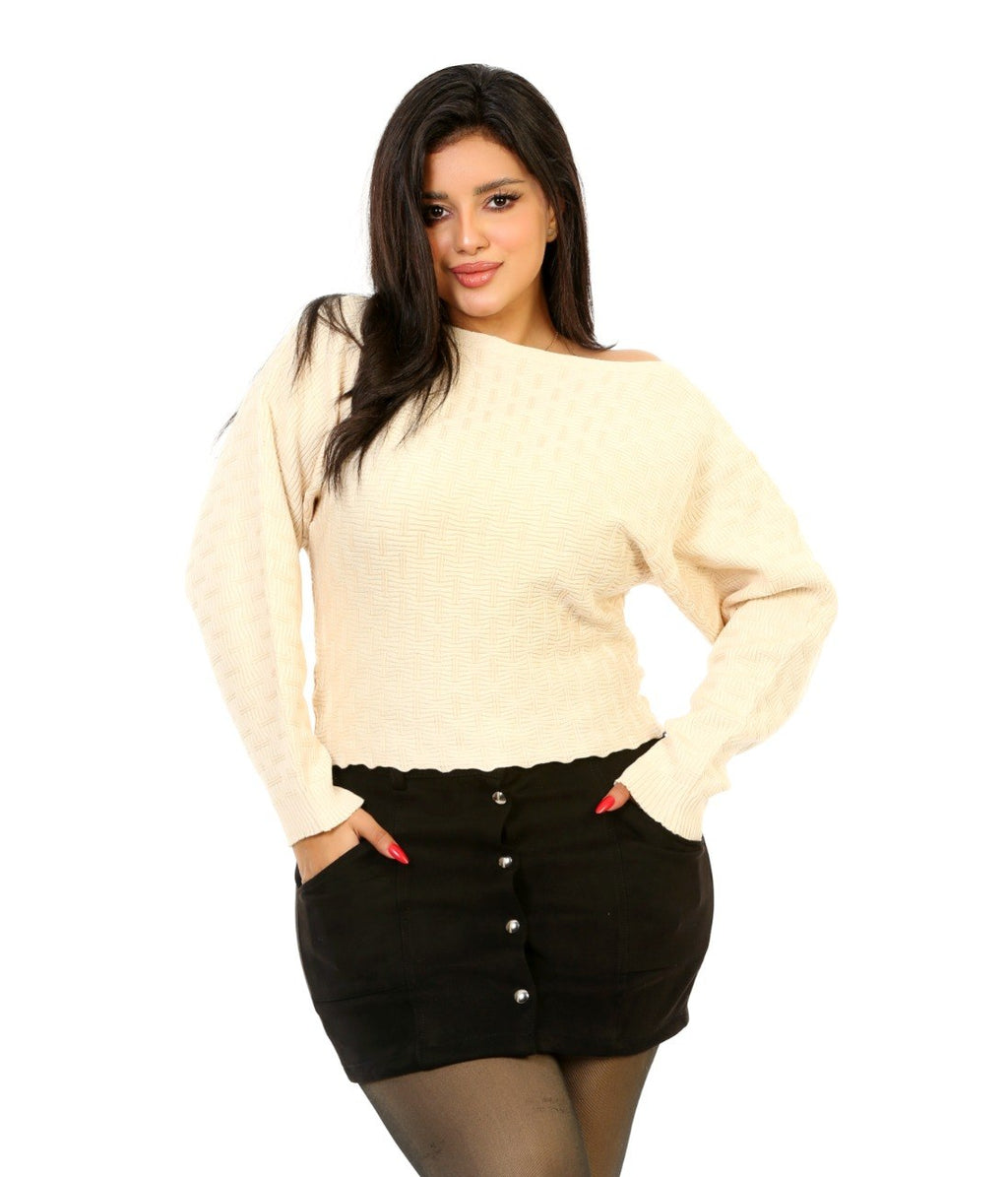 Pointelle Boat Neck Knit Blouse - Beige