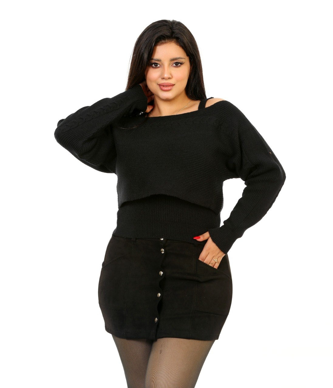 Layered Off Shoulder Knit Blouse - Black