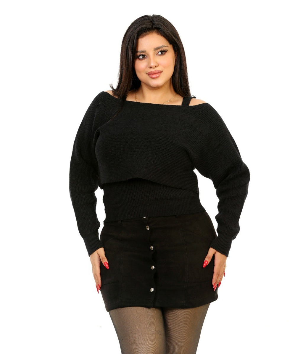 Layered Off Shoulder Knit Blouse - Black