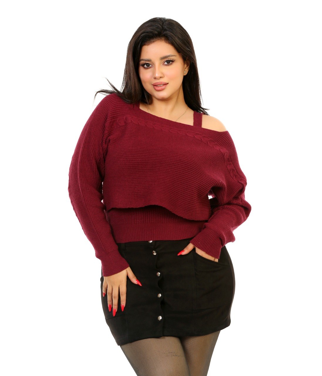Layered Off Shoulder Knit Blouse - Burgundy