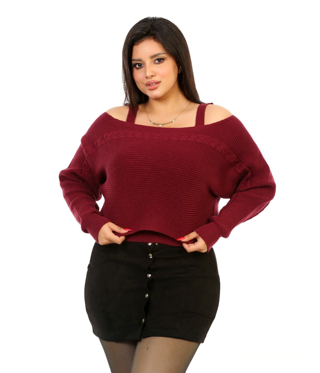 Layered Off Shoulder Knit Blouse - Burgundy