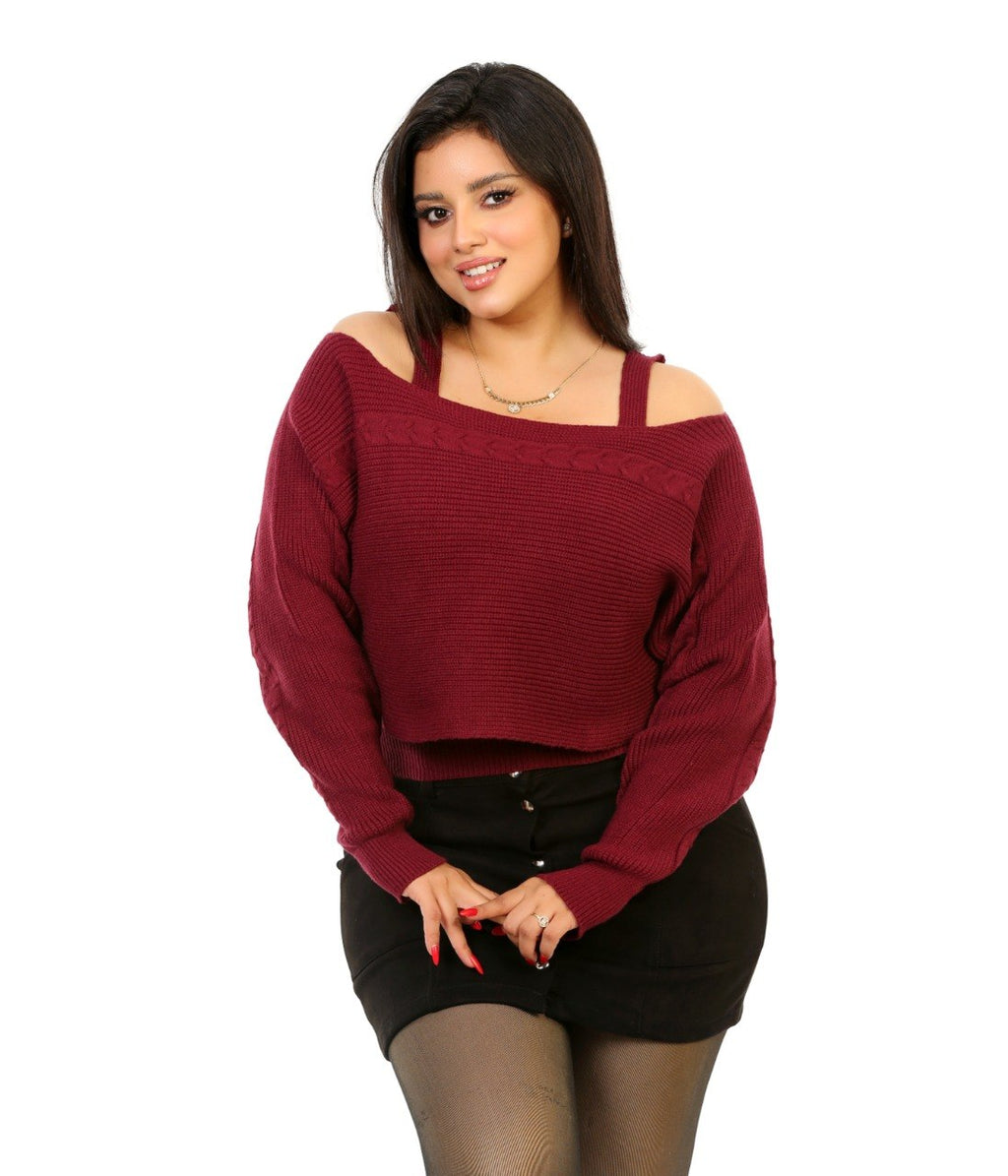 Layered Off Shoulder Knit Blouse - Burgundy