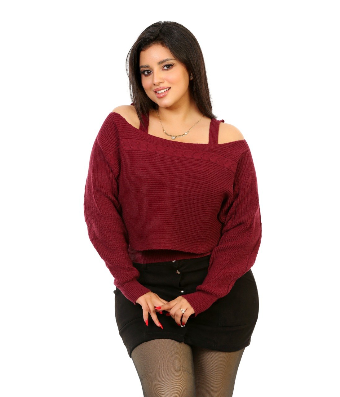 Layered Off Shoulder Knit Blouse - Burgundy