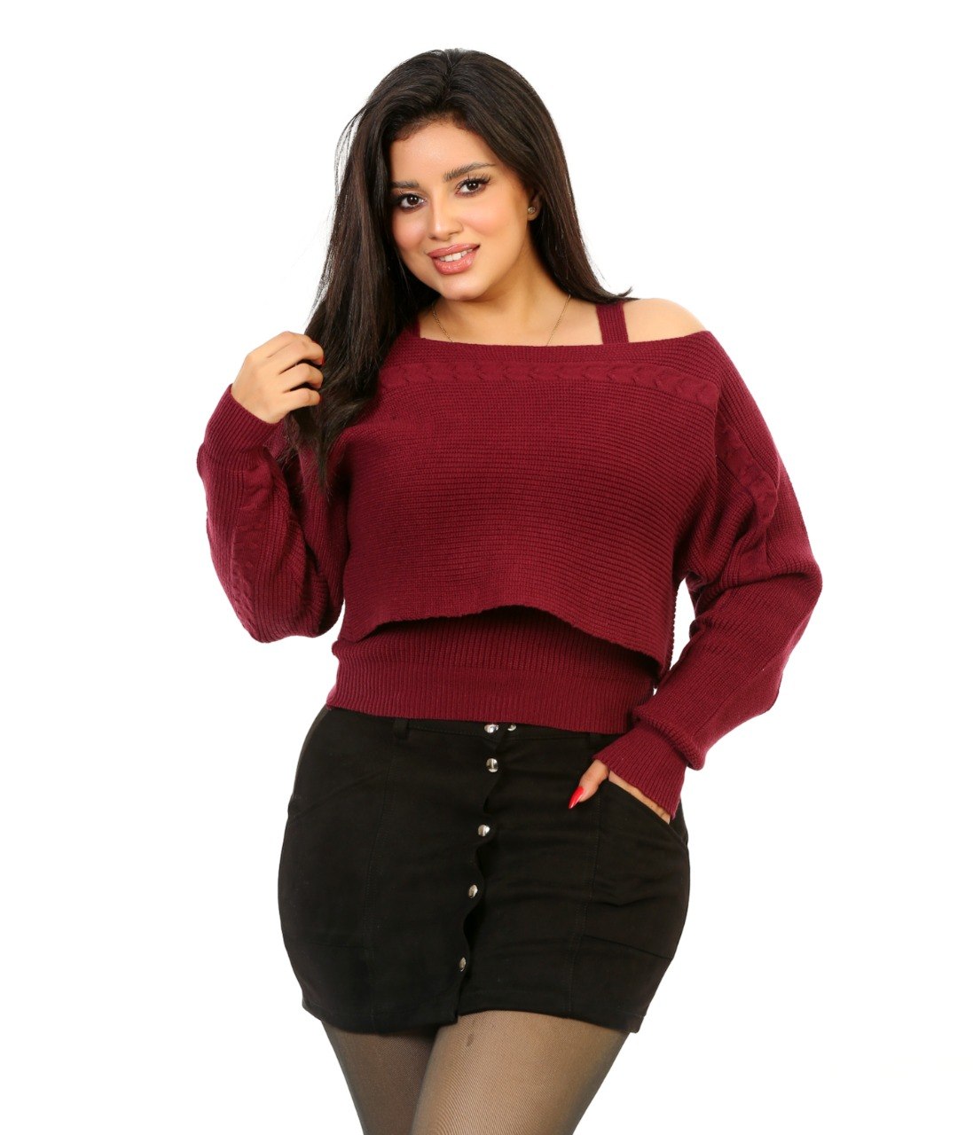 Layered Off Shoulder Knit Blouse - Burgundy