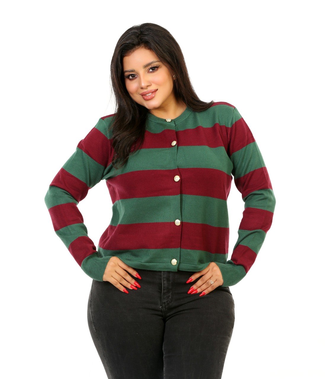 Block Stripe Button Blouse - Dark Green