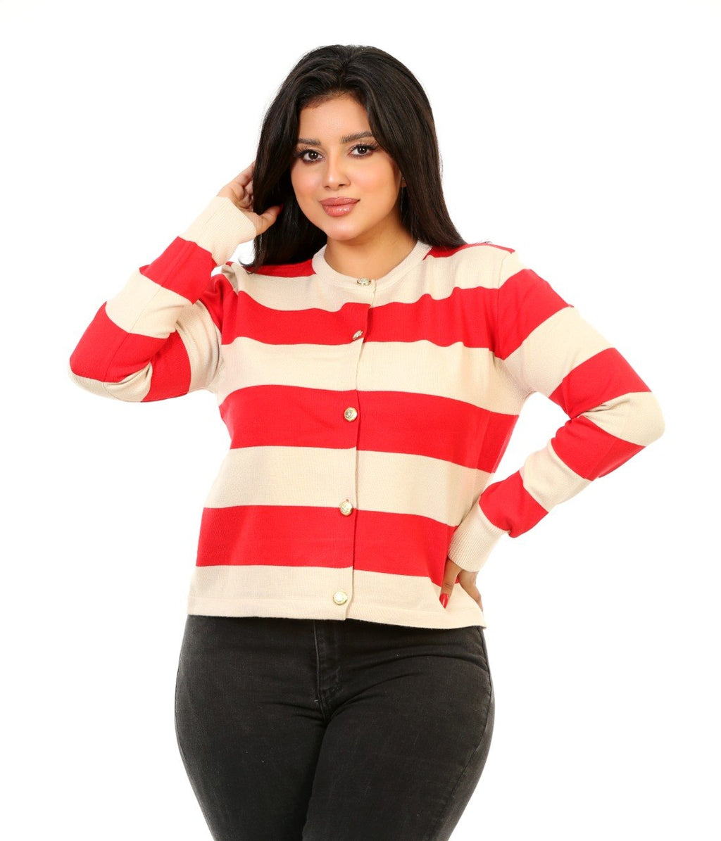 Block Stripe Button Blouse - Red