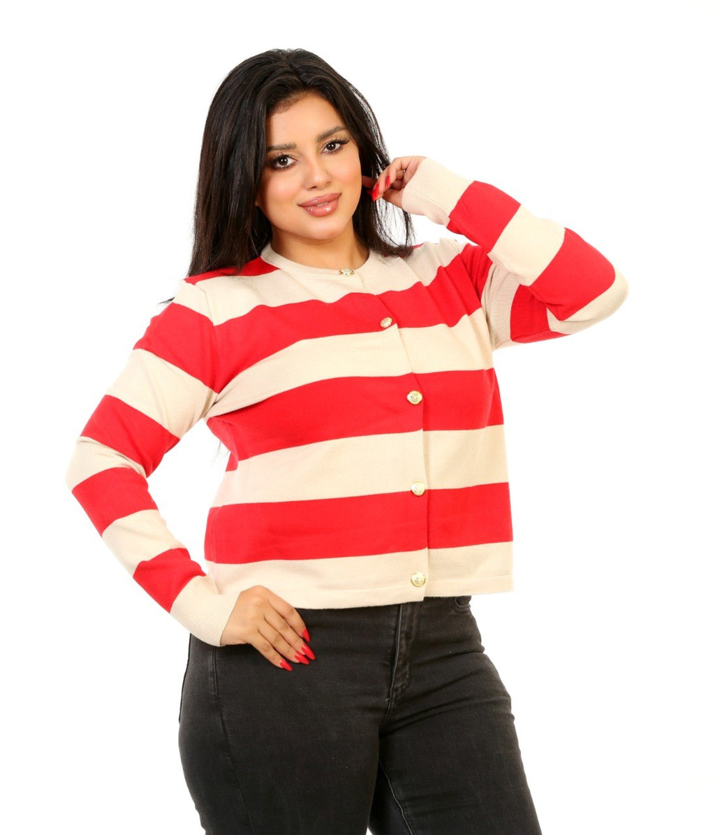 Block Stripe Button Blouse - Red