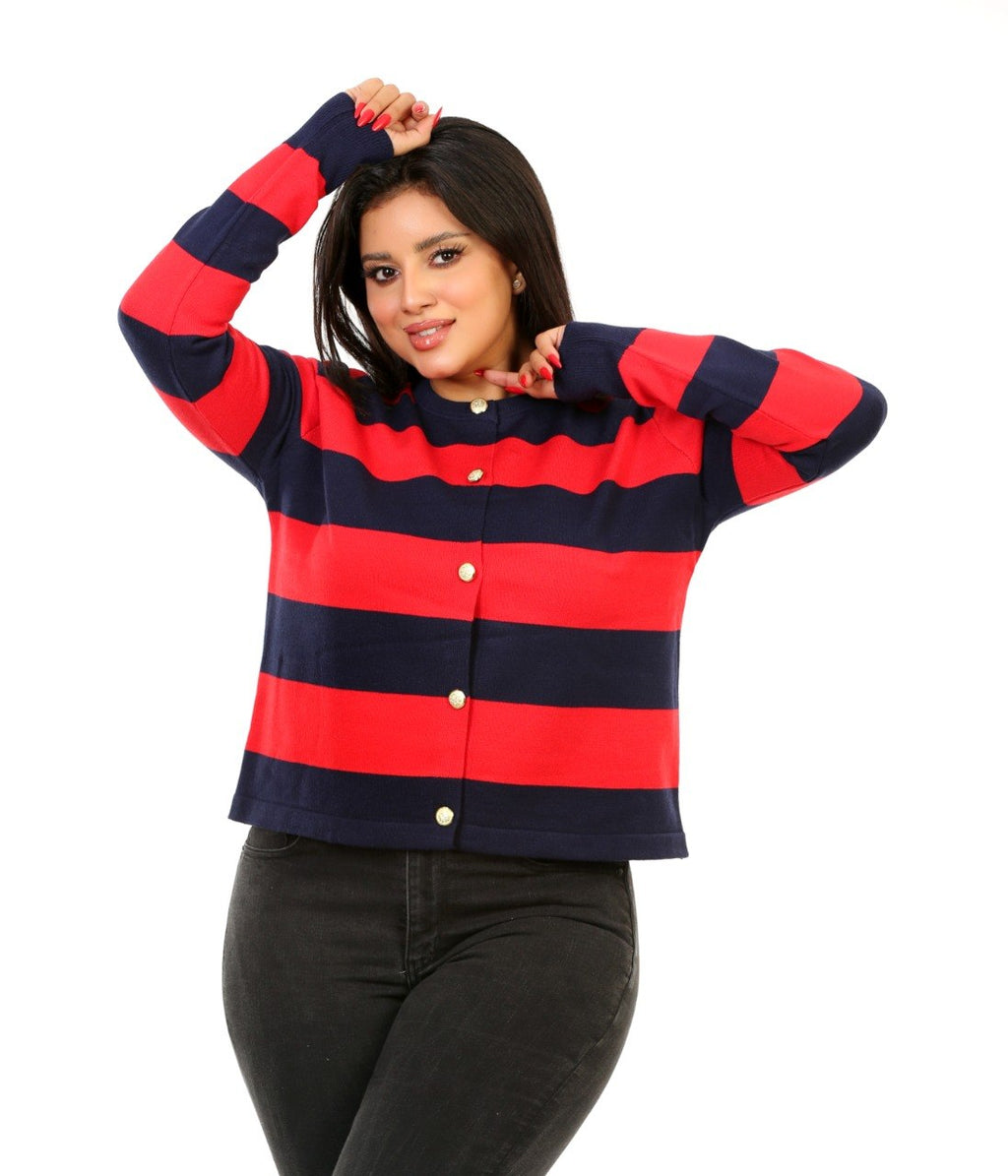 Block Stripe Button Blouse - Navy