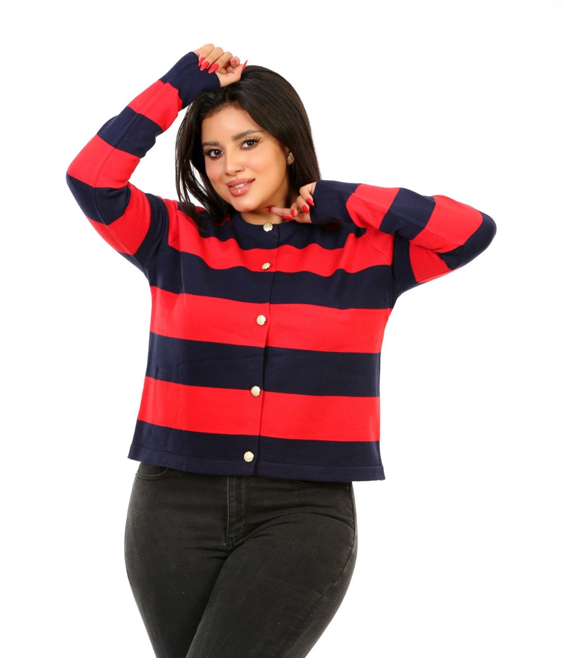 Block Stripe Button Blouse - Navy