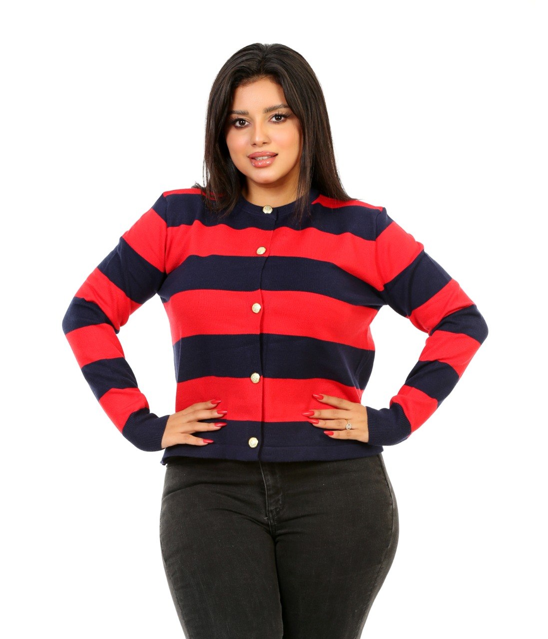 Block Stripe Button Blouse - Navy