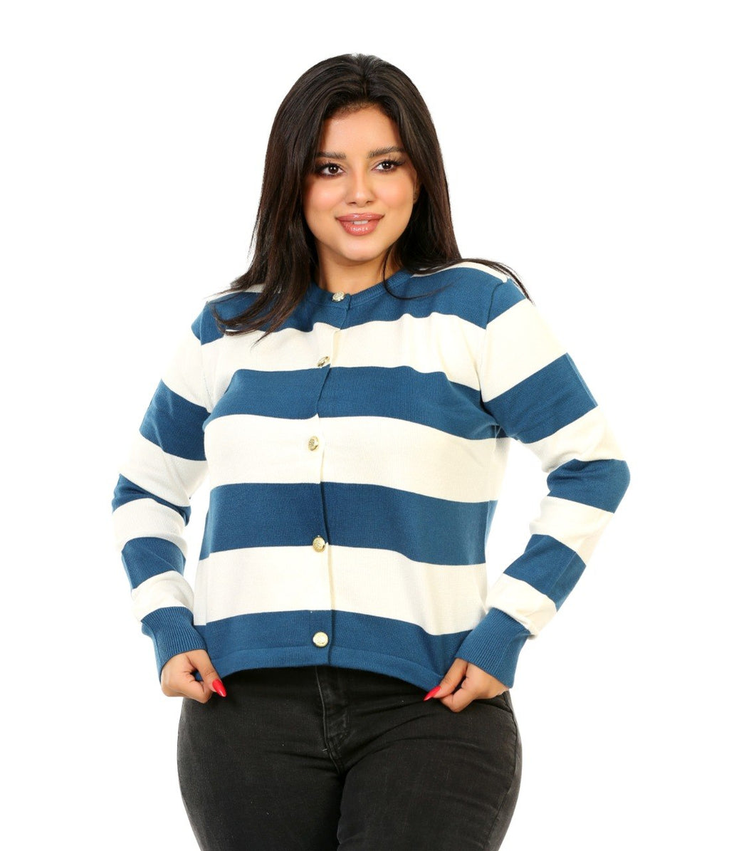 Block Stripe Button Blouse - Blue