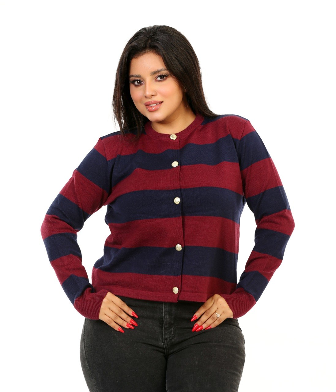 Block Stripe Button Blouse - Burgundy