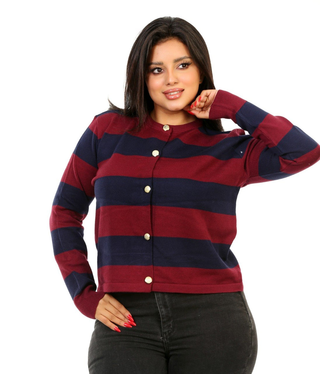 Block Stripe Button Blouse - Burgundy