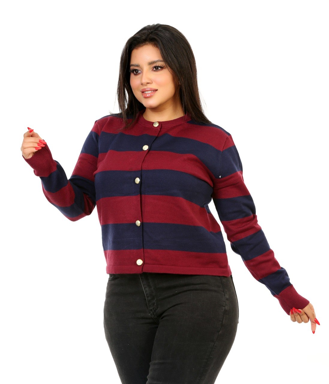Block Stripe Button Blouse - Burgundy