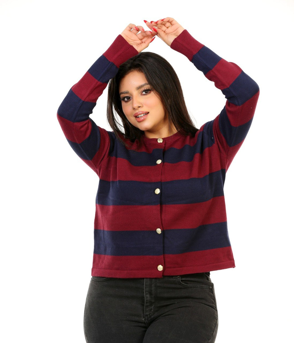 Block Stripe Button Blouse - Burgundy