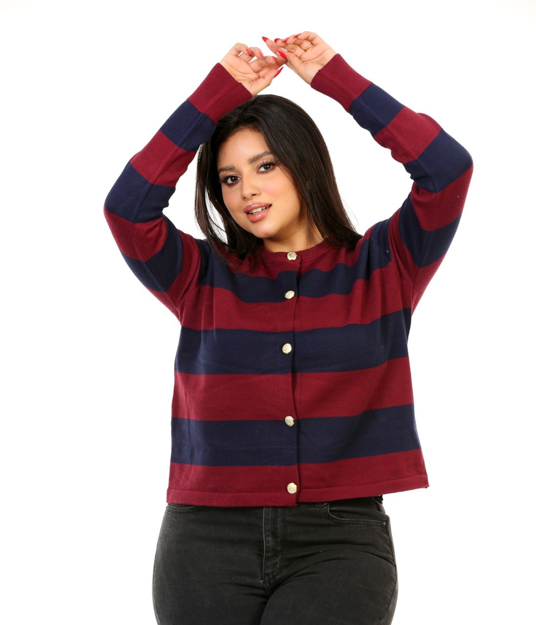 Block Stripe Button Blouse - Burgundy