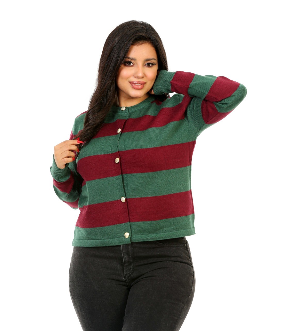 Block Stripe Button Blouse - Dark Green
