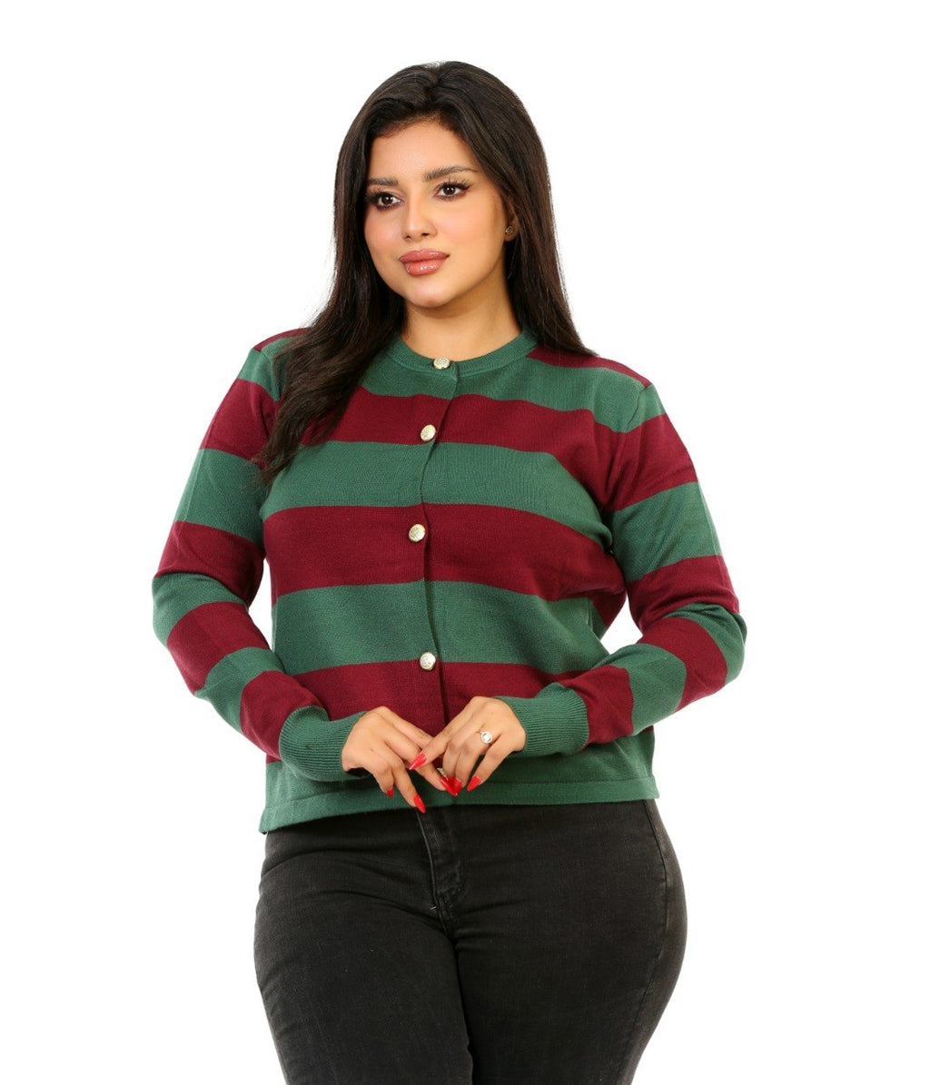 Block Stripe Button Blouse - Dark Green
