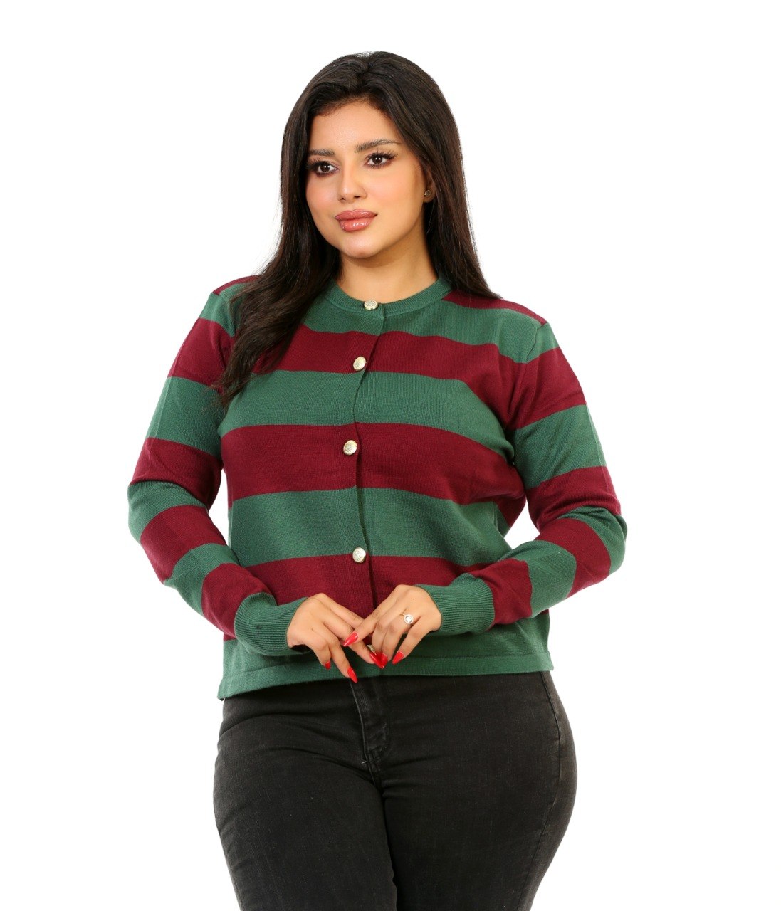Block Stripe Button Blouse - Dark Green