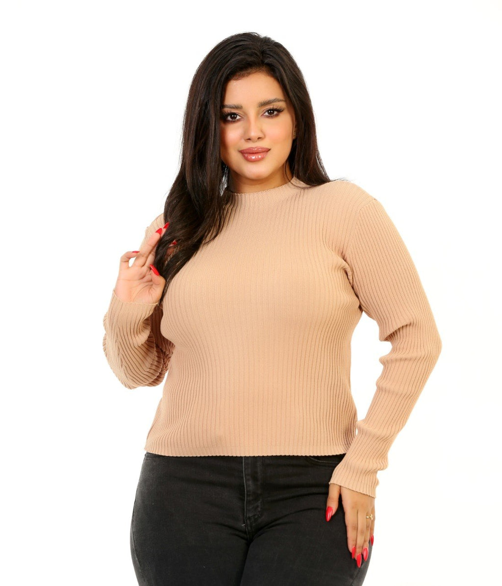 Ribbed Mock Neck Knit Blouse - Camel