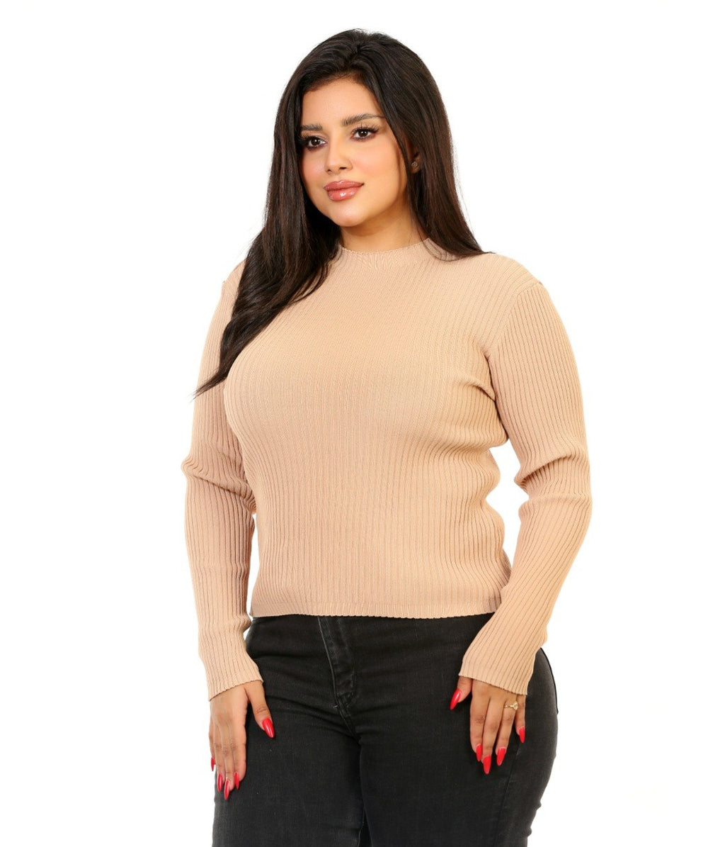 Ribbed Mock Neck Knit Blouse - Camel