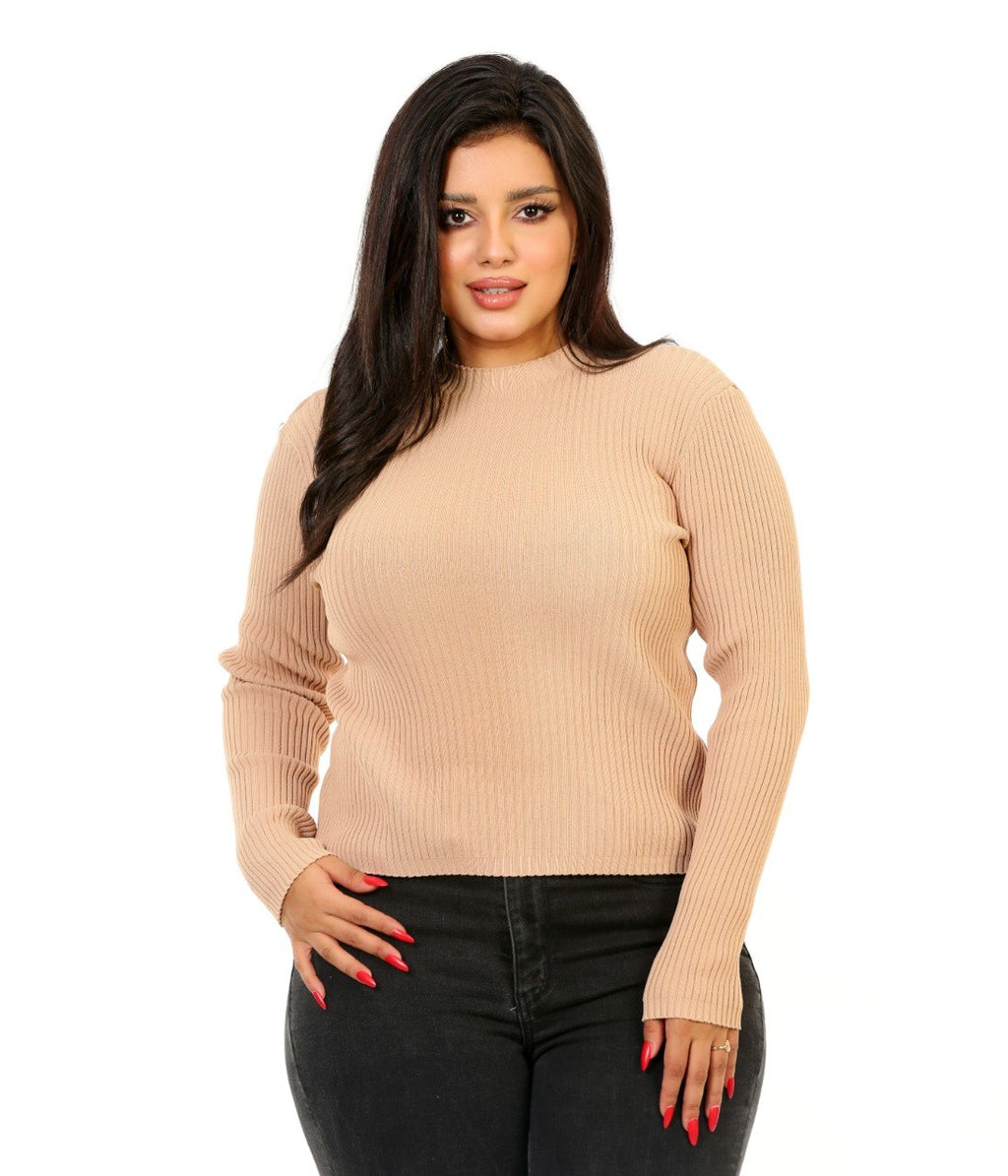 Ribbed Mock Neck Knit Blouse - Camel