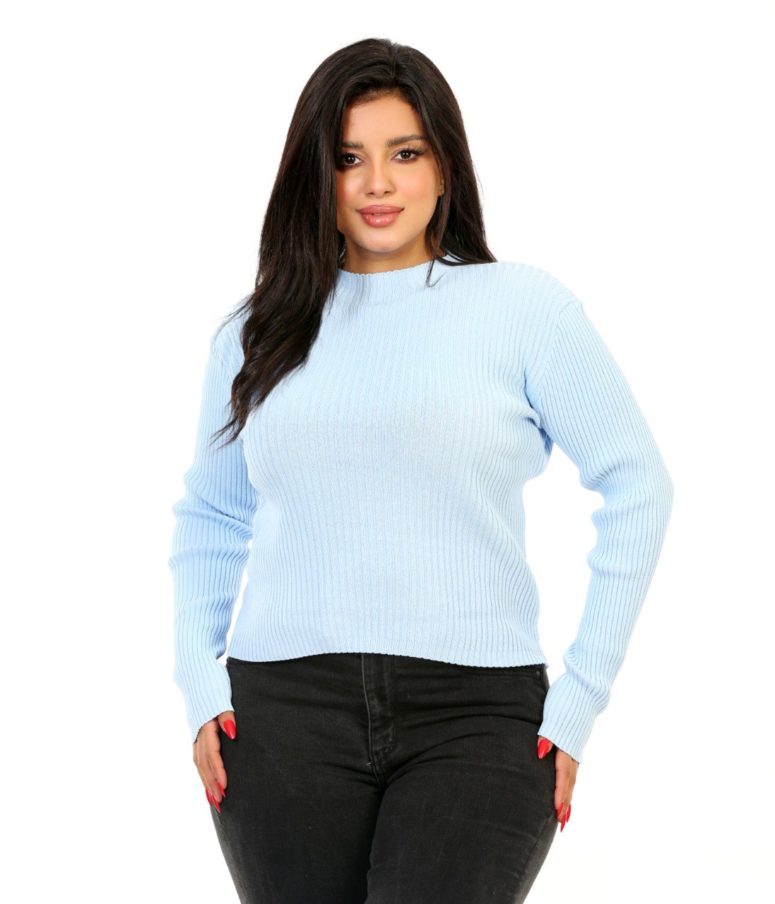 Ribbed Mock Neck Knit Blouse - Baby Blue