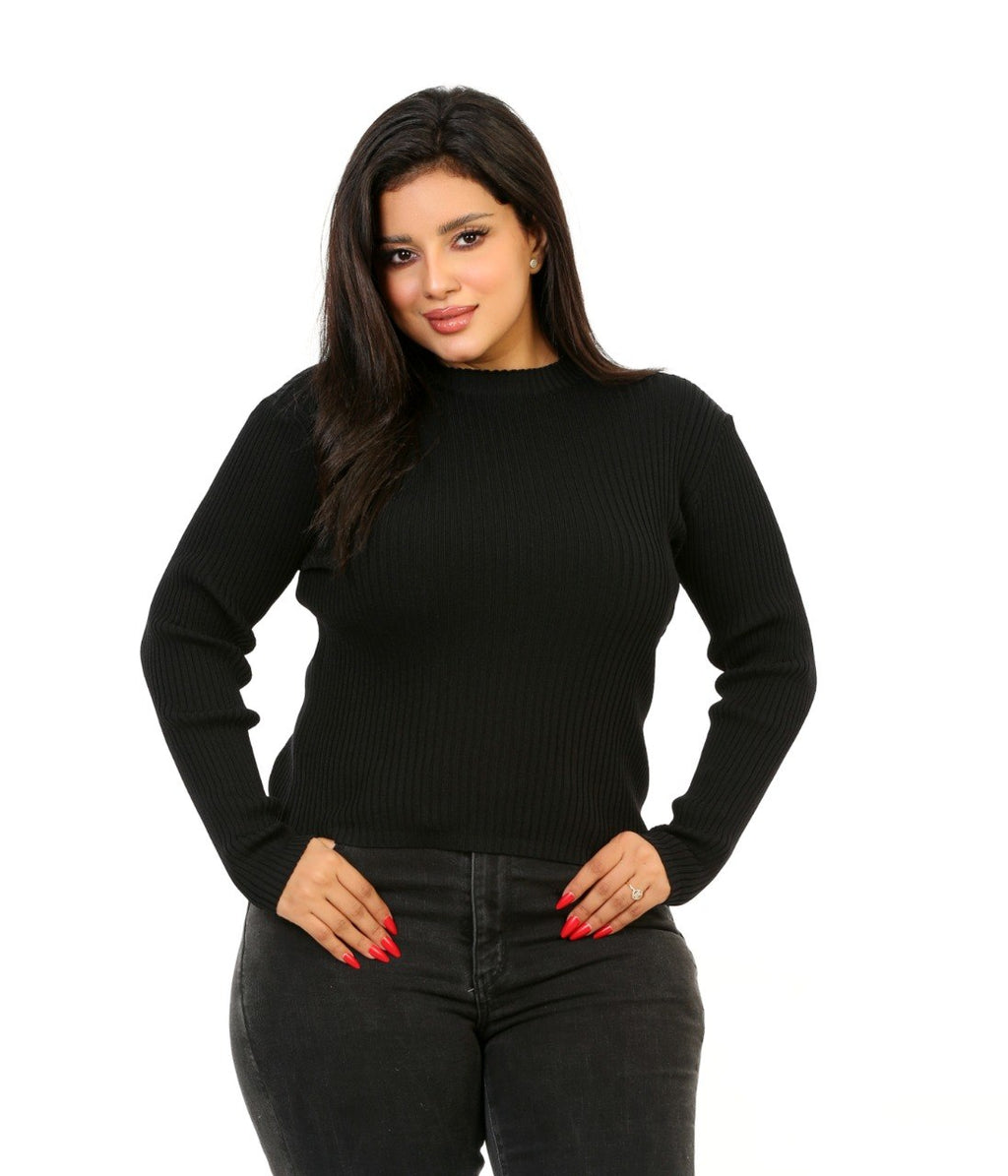Ribbed Mock Neck Knit Blouse - Black